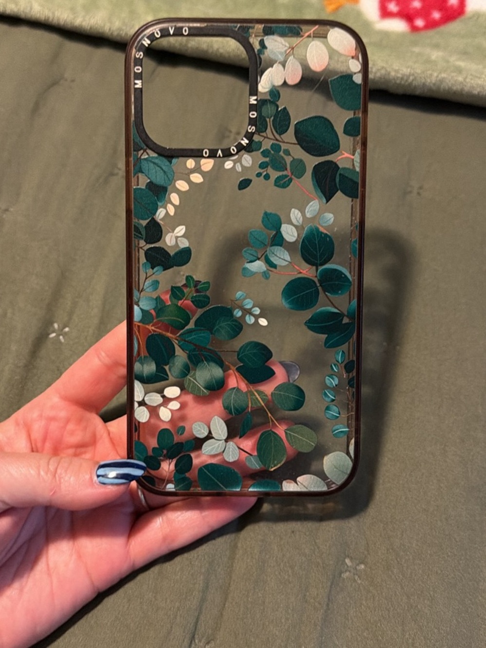 Floral Clear Phone Case with Green Leaf Print